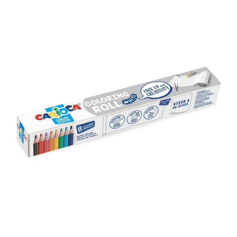 42980 - CARIOCA - Rotolo da colorare + 8 Matite WHITE - Rollo adhesivo para colorear - Coloring roll - rouleau adhésif
